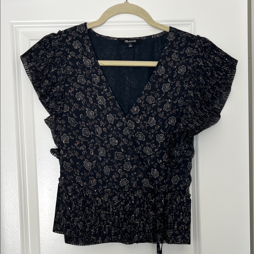MADEWELL 🪻Black Floral Wrap Top Sz M